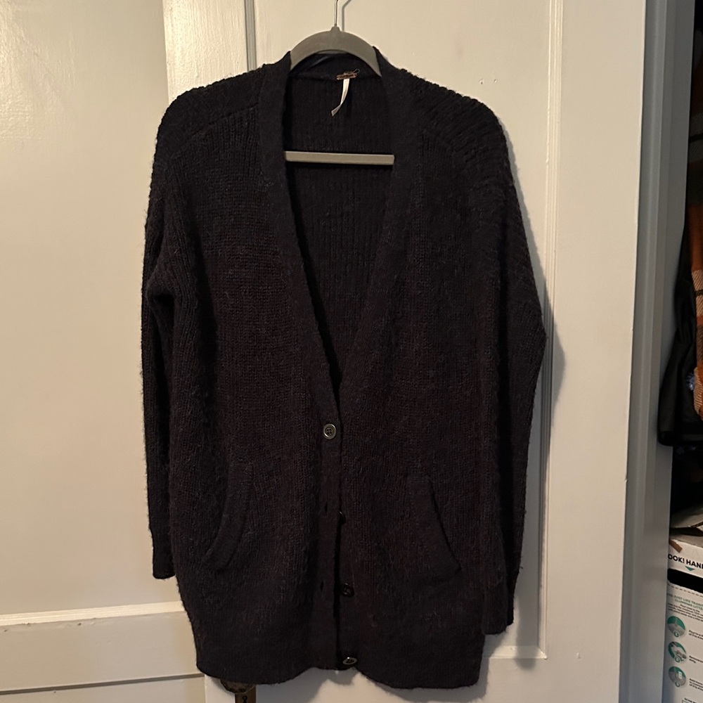 Free People Black Long Button Cardigan